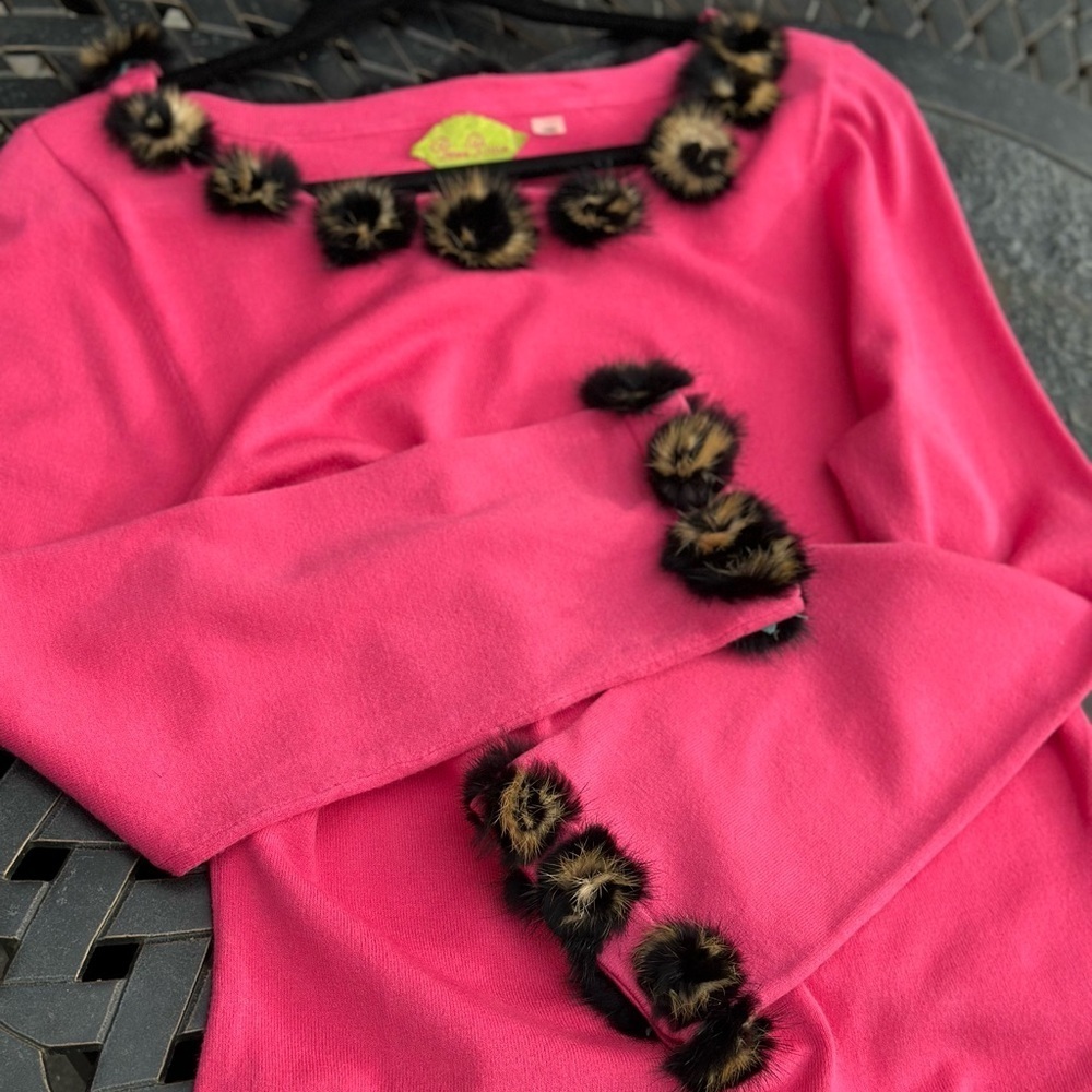 Pink Prima Bella Sweater with Genuine Mink Rosette Neck and Sleeve Accents